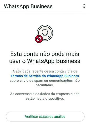 Tela de conta do WhatsApp Business bloqueada